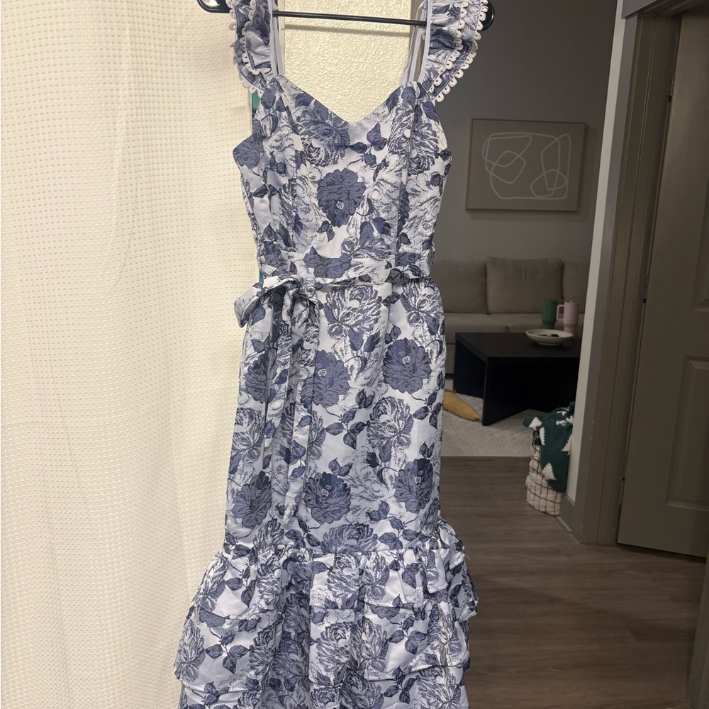 Floral Blue Dress with Ruffle Details- NEVER WORN
